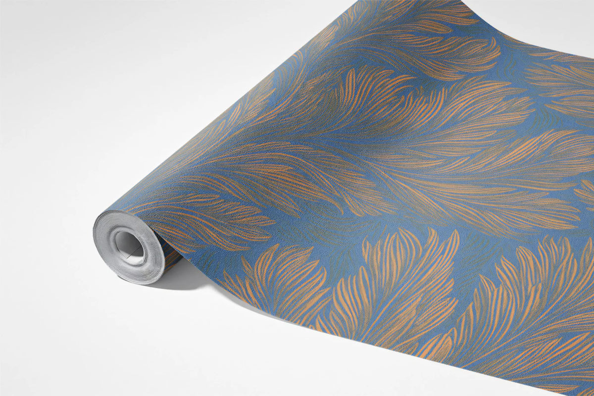 Feathered Leaf Mural Wallpaper — Dusty Blue and Ochre Gold Mural Wallpaper - room preview 03