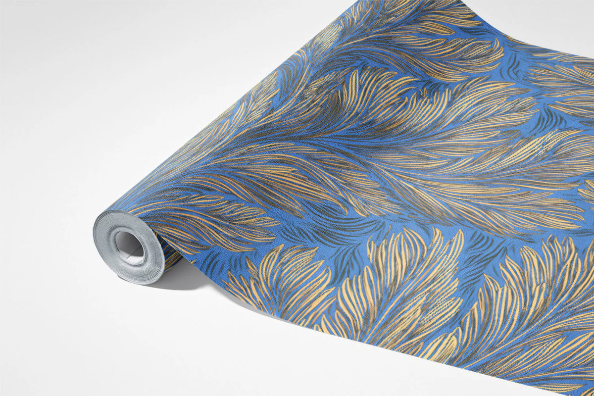 Feathered Leaf Mural Wallpaper — Elegant Painterly Blue and Gold Mural Wallpaper - room preview 03