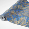 Feathered Leaf Mural Wallpaper — Elegant Painterly Blue and Gold Mural Wallpaper - room preview 03