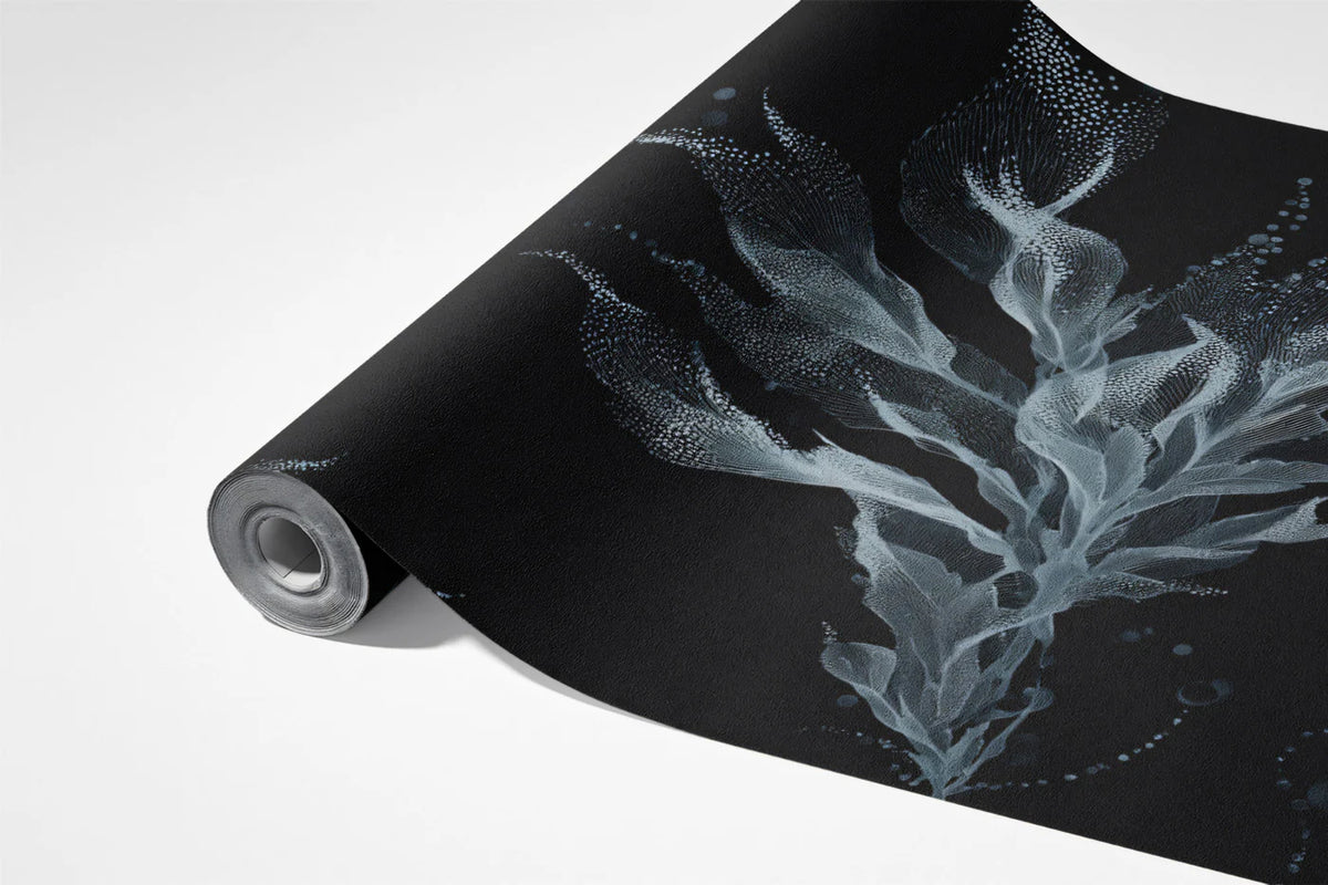 Stippled Kelp Mural Wallpaper — Moody Monochrome Botanical Mural Wallpaper - room preview 03