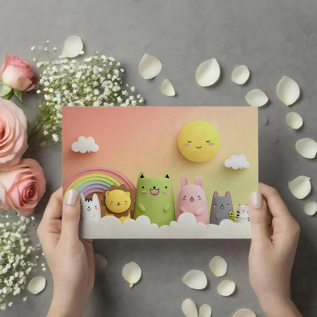3D Animal Friends Mural Wallpaper — Pastel Rainbow & Sunset Sky Mural Wallpaper - room preview 03