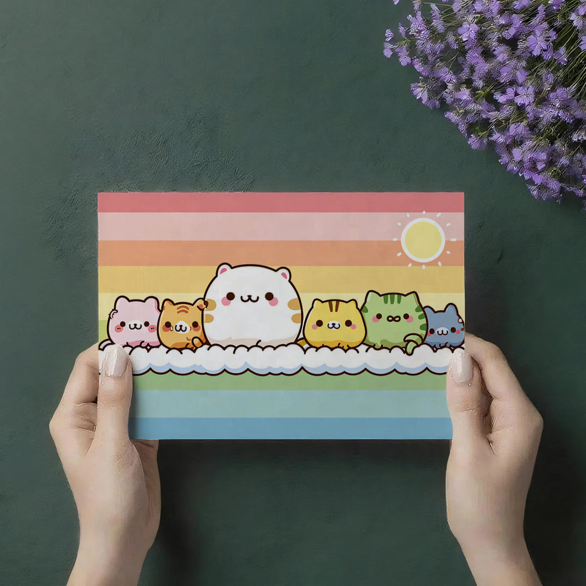 Kawaii Cat Rainbow Cloud Mural Wallpaper — Whimsical Pastel Design Mural Wallpaper - room preview 03