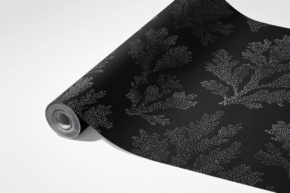 Stippled Coral Damask Mural Wallpaper — Gothic Black and Charcoal Mural Wallpaper - room preview 03