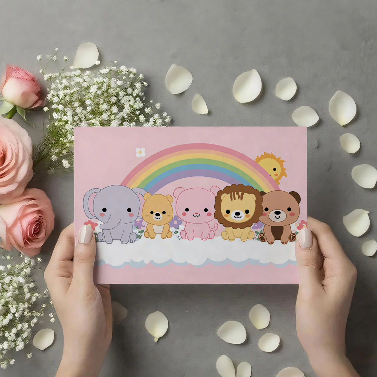 Kawaii Animal Rainbow Mural Wallpaper — Whimsical Playful Design Mural Wallpaper - room preview 03