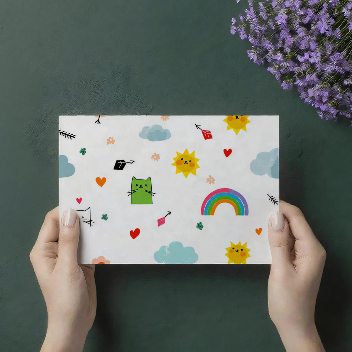 Kawaii Cat and Rainbow Mural Wallpaper — Playful Doodle Pattern Mural Wallpaper - room preview 03