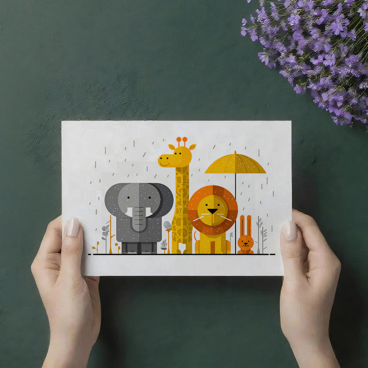 Safari Friends Rain Umbrella Mural Wallpaper — Geometric Design Mural Wallpaper - room preview 03