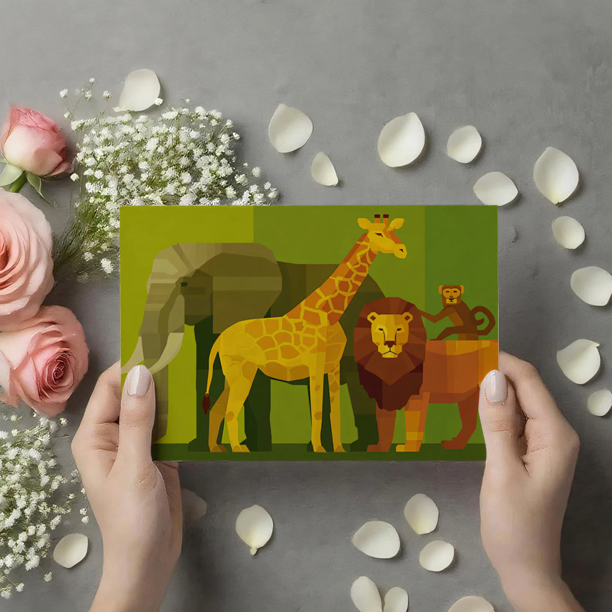 Geometric Safari Animal Group Mural Flat Art, Layered Background, Warm Earth Tones Mural Wallpaper - room preview 03
