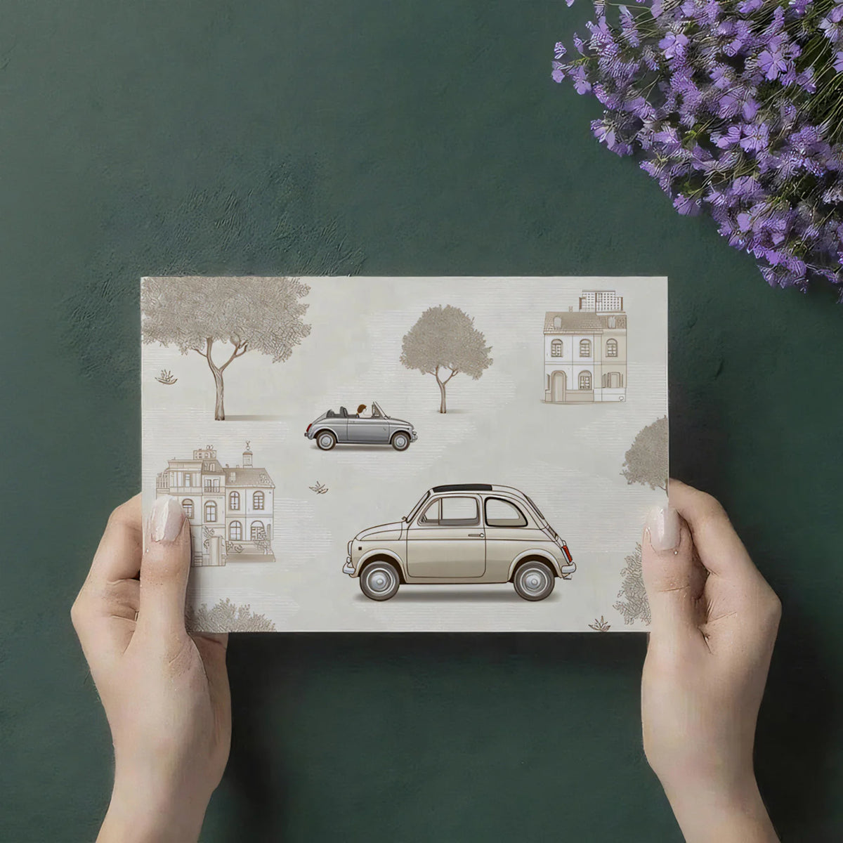 Vintage European City Car Mural Wallpaper — Sketch Scenic Design Mural Wallpaper - room preview 03
