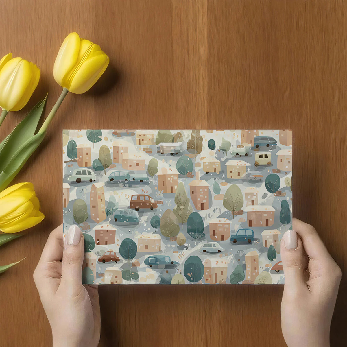 Watercolor Village and Cars Mural Wallpaper —Handcrafted Aesthetic Mural Wallpaper - room preview 03
