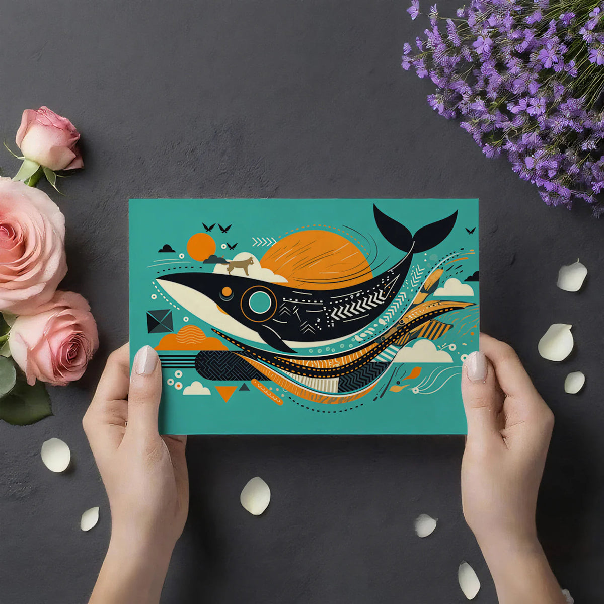 Abstract Whale & Sun Mural Wallpaper — Mid-Century Graphic Art Mural Wallpaper - room preview 03