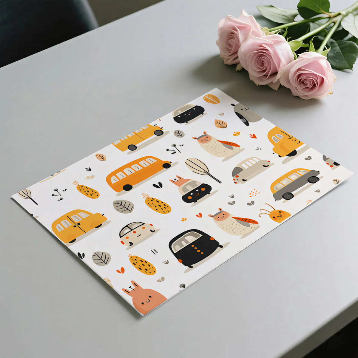 Kawaii Car and Owl Doodle Mural Wallpaper — Playful Autumn Motif Mural Wallpaper - room preview 03