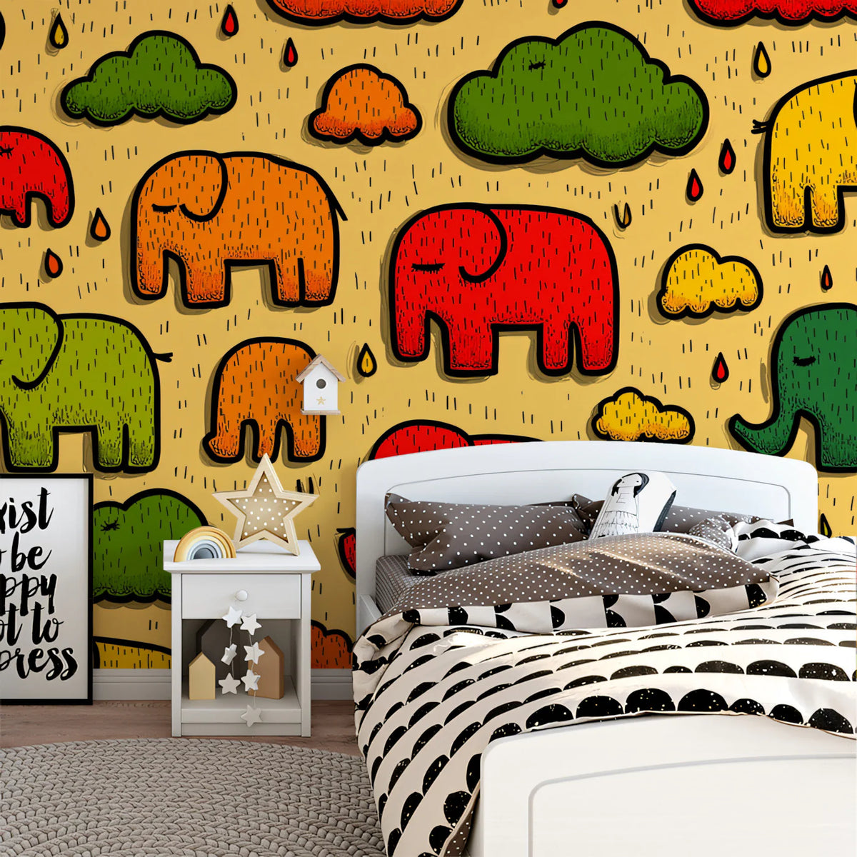 Playful Elephant Rain Mural Wallpaper — Vibrant Pop Art Pattern Mural Wallpaper - room preview 03