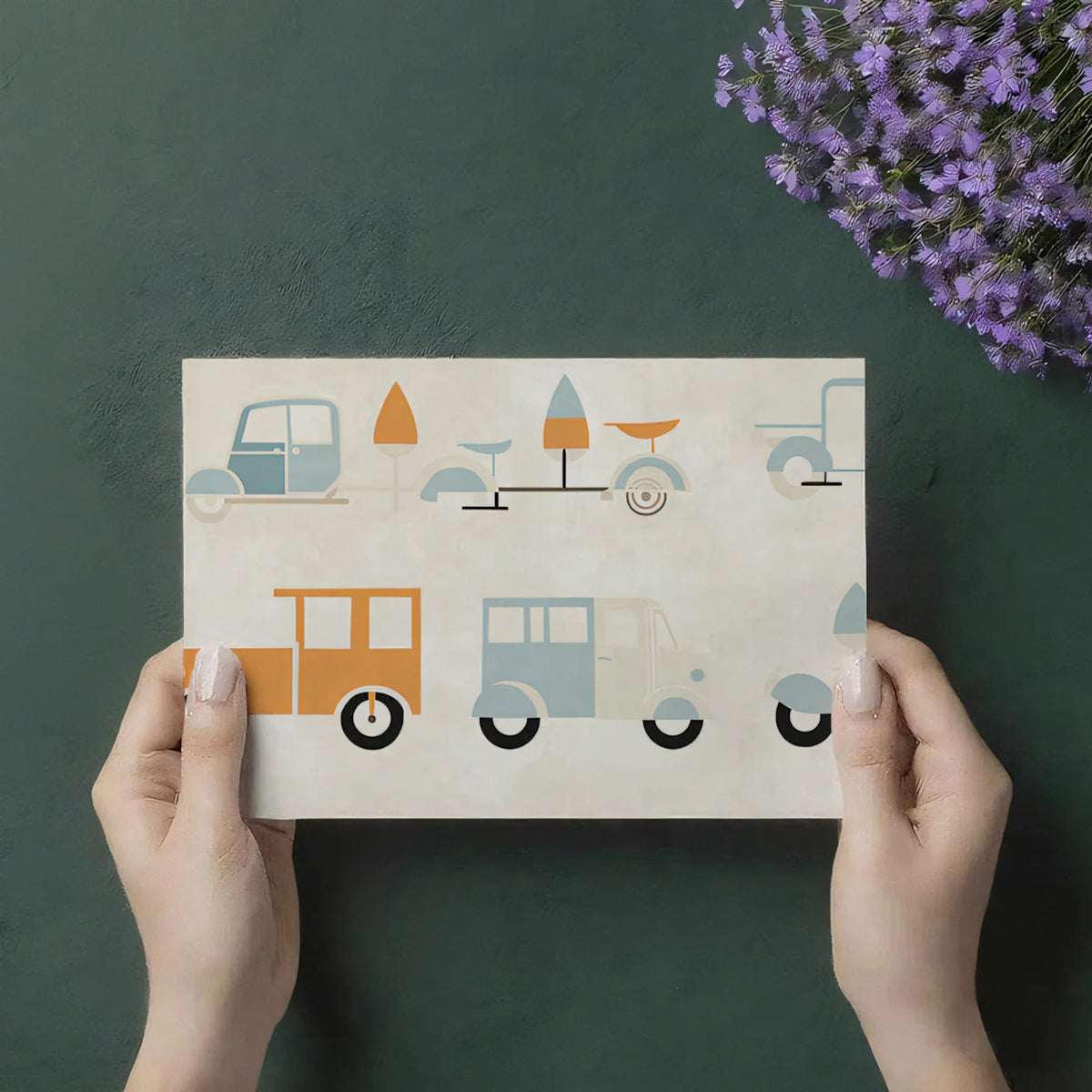 Retro Vehicle Geometric Mural Wallpaper — Playful Transport Print Mural Wallpaper - room preview 03