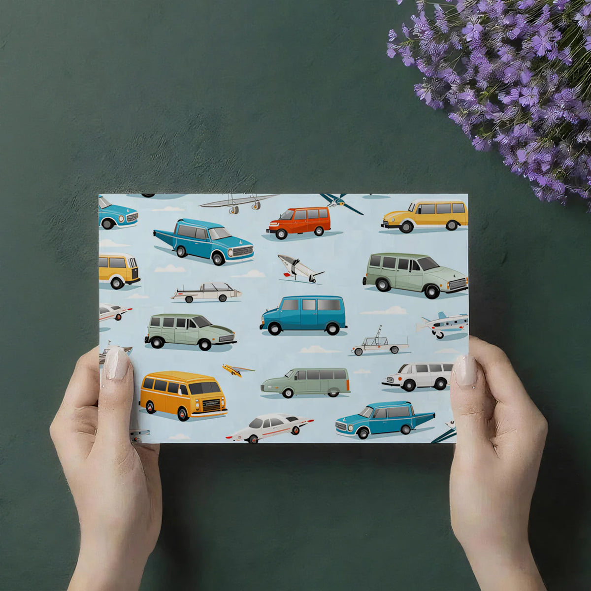 Retro Transportation Mural Wallpaper — Classic Vehicles in Sky Blue Mural Wallpaper - room preview 03