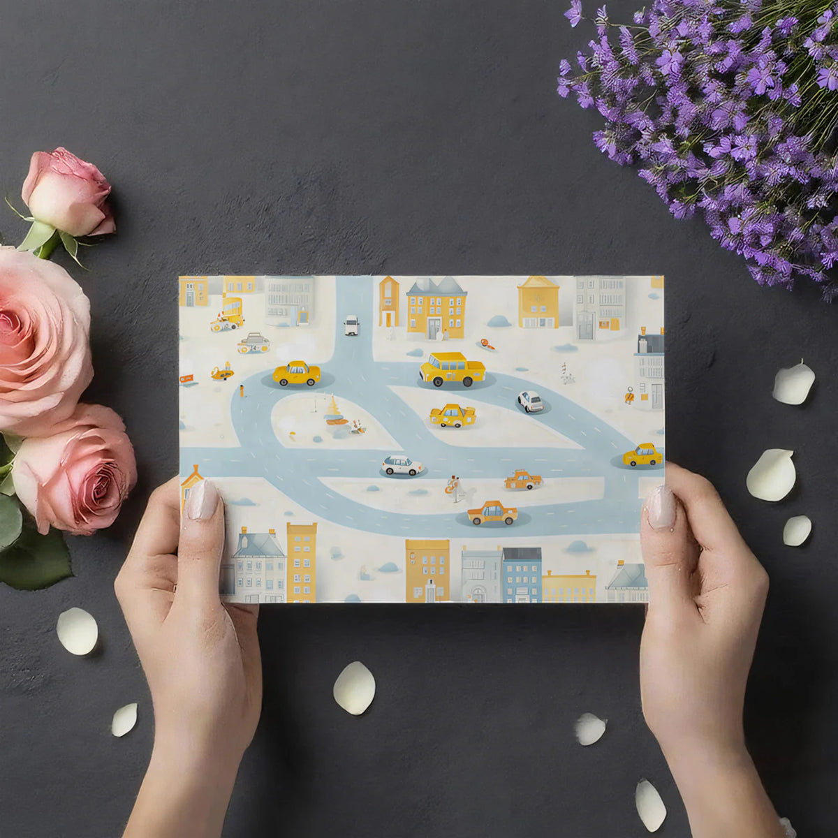 Cartoon City Map Mural Wallpaper in Sunny Yellow and Soft Blue Mural Wallpaper - room preview 03