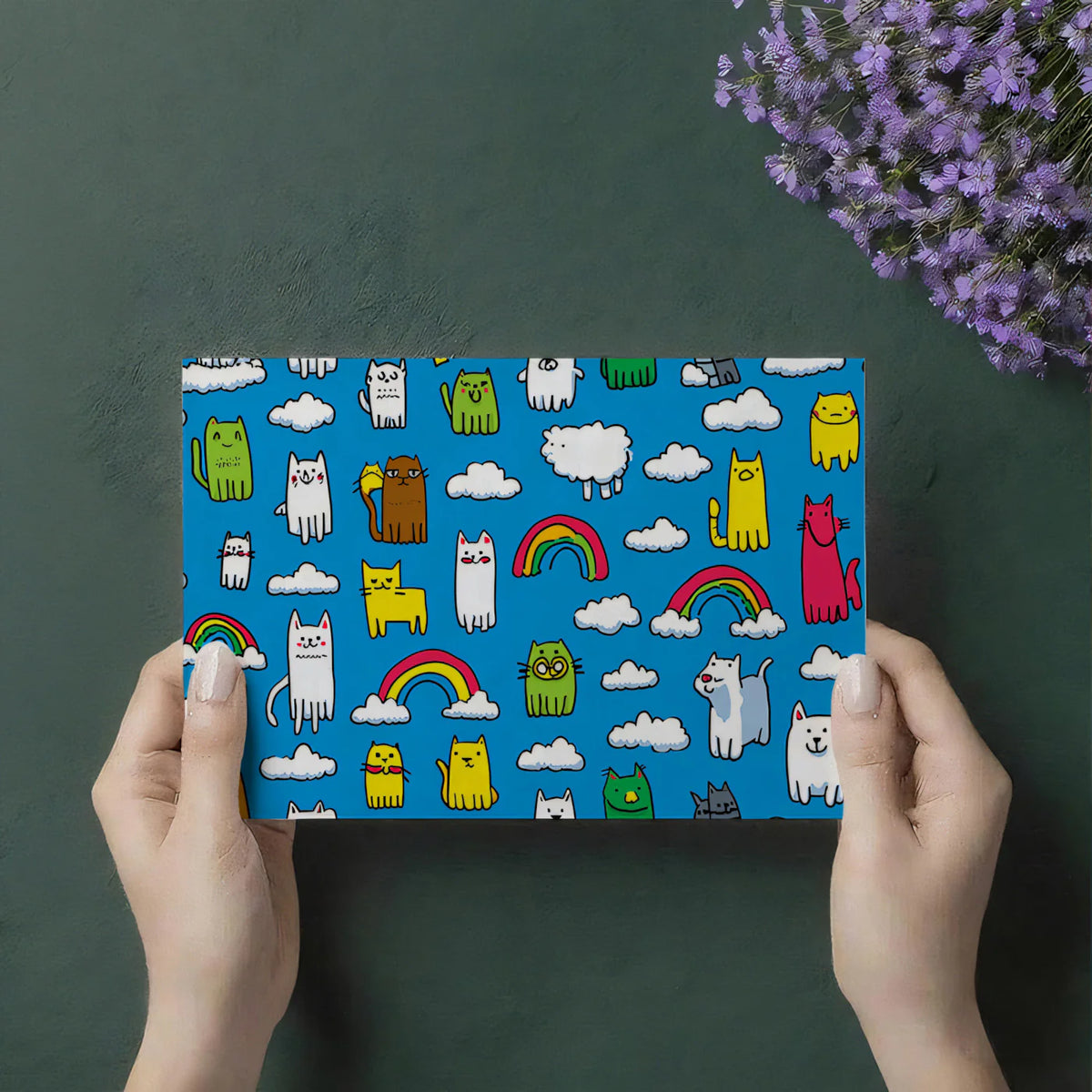 Playful Cat and Rainbow Doodle Mural Wallpaper — Vibrant Kids Style Mural Wallpaper - room preview 03