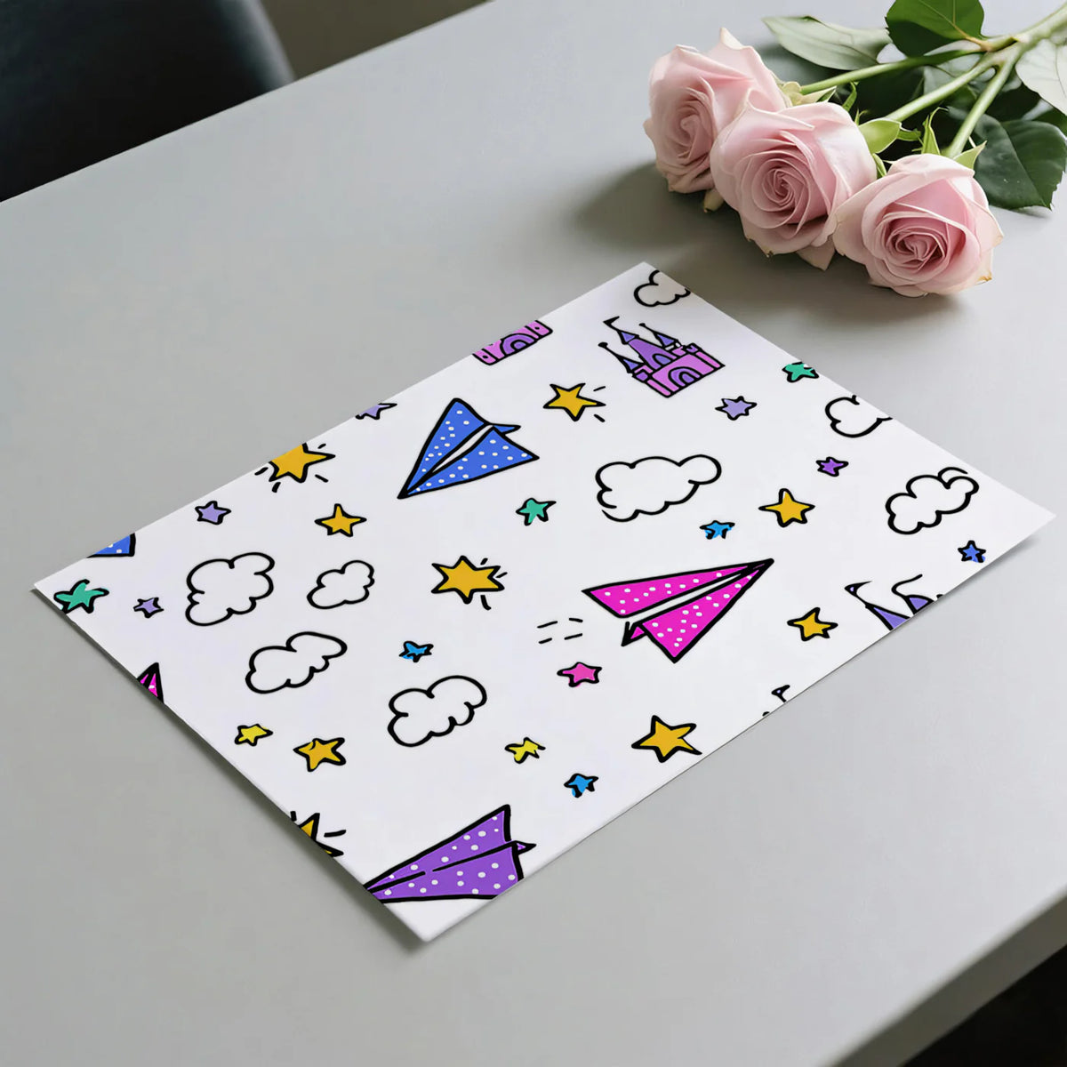 Enchanted Flight Doodle Mural Wallpaper — Playful Sky Pattern Mural Wallpaper - room preview 03