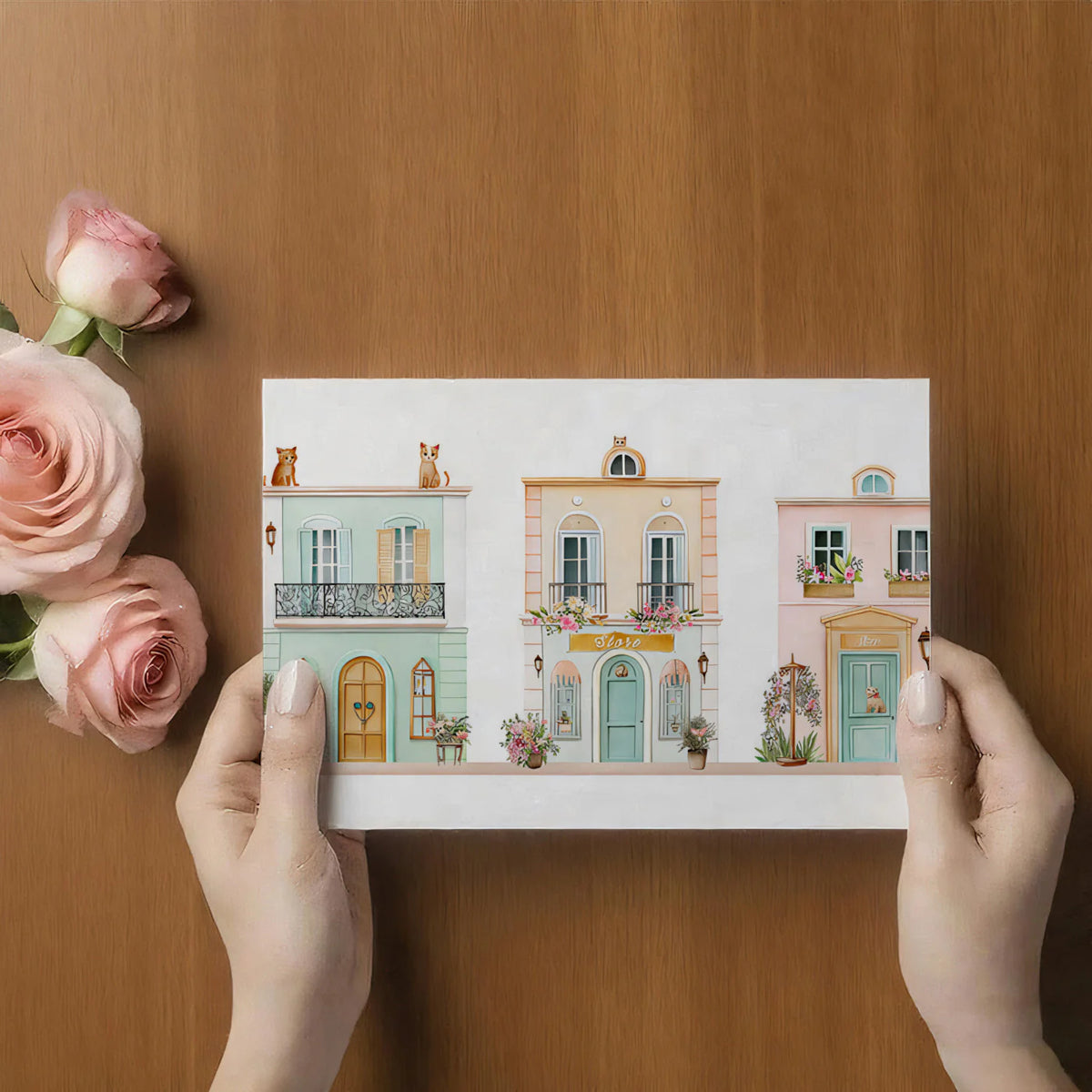 Charming European Storefronts Mural Wallpaper — Whimsical Townhouse Art Mural Wallpaper - room preview 03