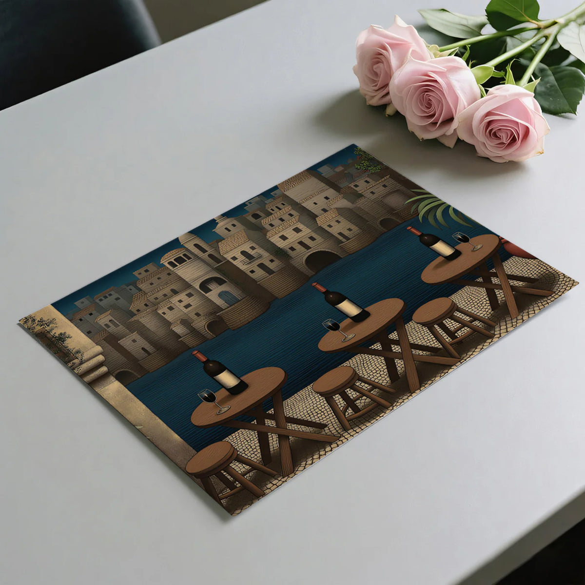 Mediterranean Stone Town Terrace Mural Wallpaper — Nighttime Scene Mural Wallpaper - room preview 03