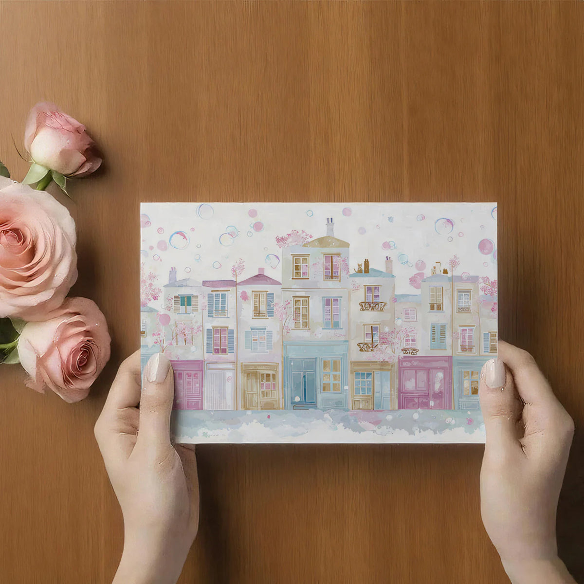 Parisian Spring Street Mural Wallpaper — Whimsical Watercolor Art Mural Wallpaper - room preview 03