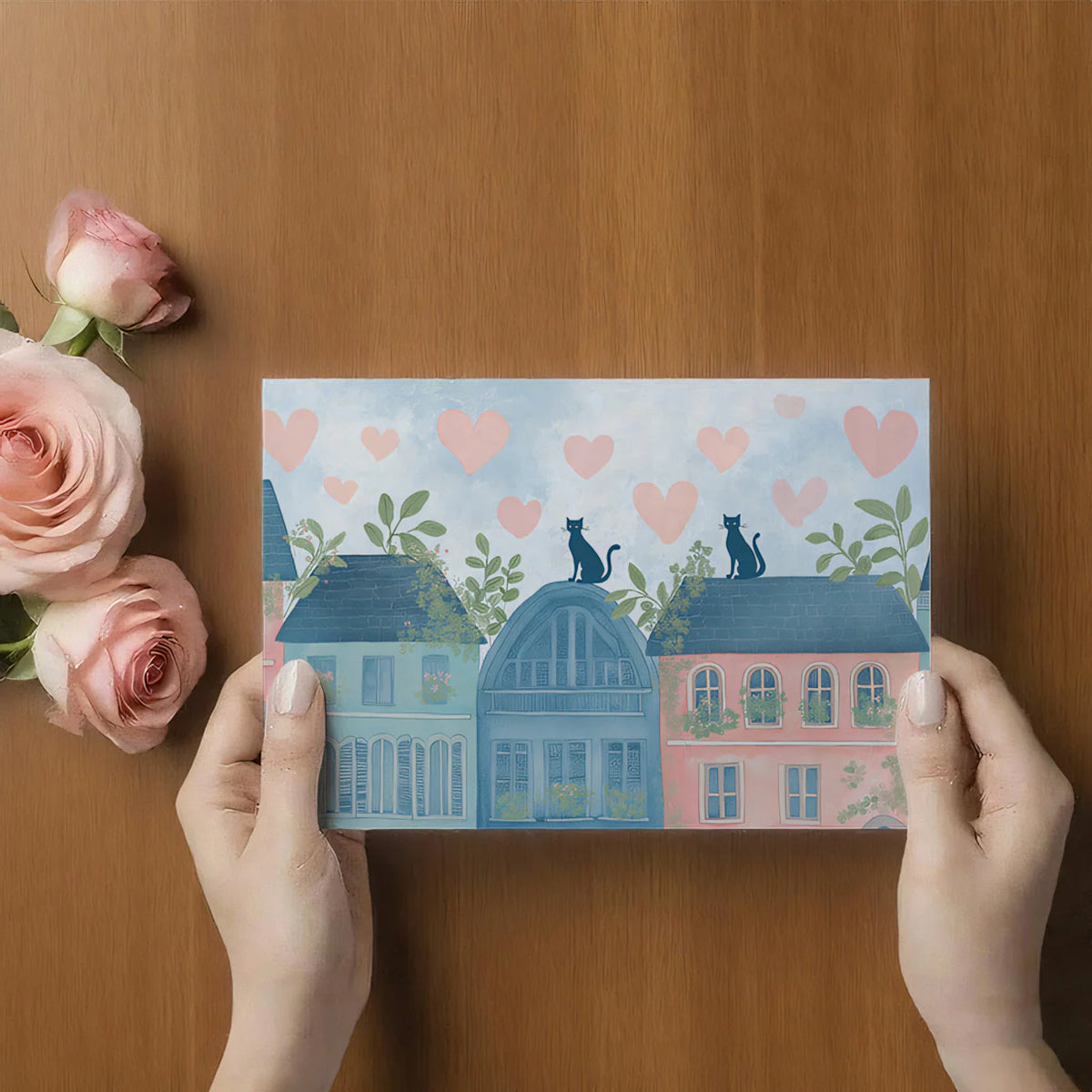 Pastel Rooftop Cats Mural Wallpaper — Whimsical City Illustration Mural Wallpaper - room preview 03
