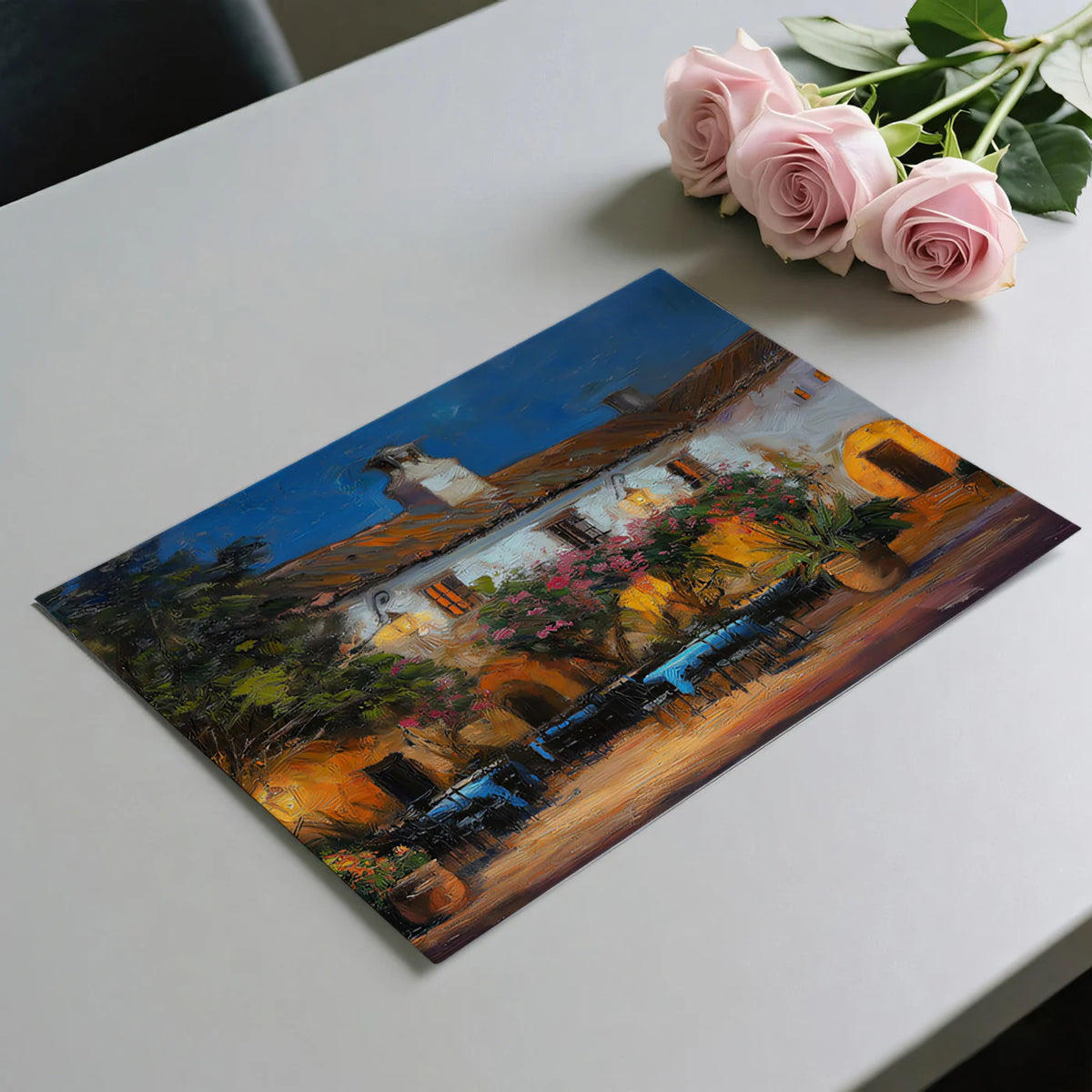 Mediterranean Evening Courtyard Mural Wallpaper — Impressionist Oil Mural Wallpaper - room preview 03