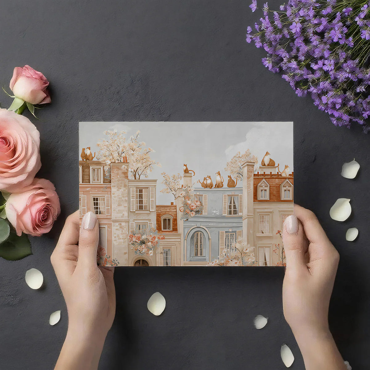 Terrace Cats Cityscape Mural Wallpaper — Warm Painterly European Vibe Mural Wallpaper - room preview 03