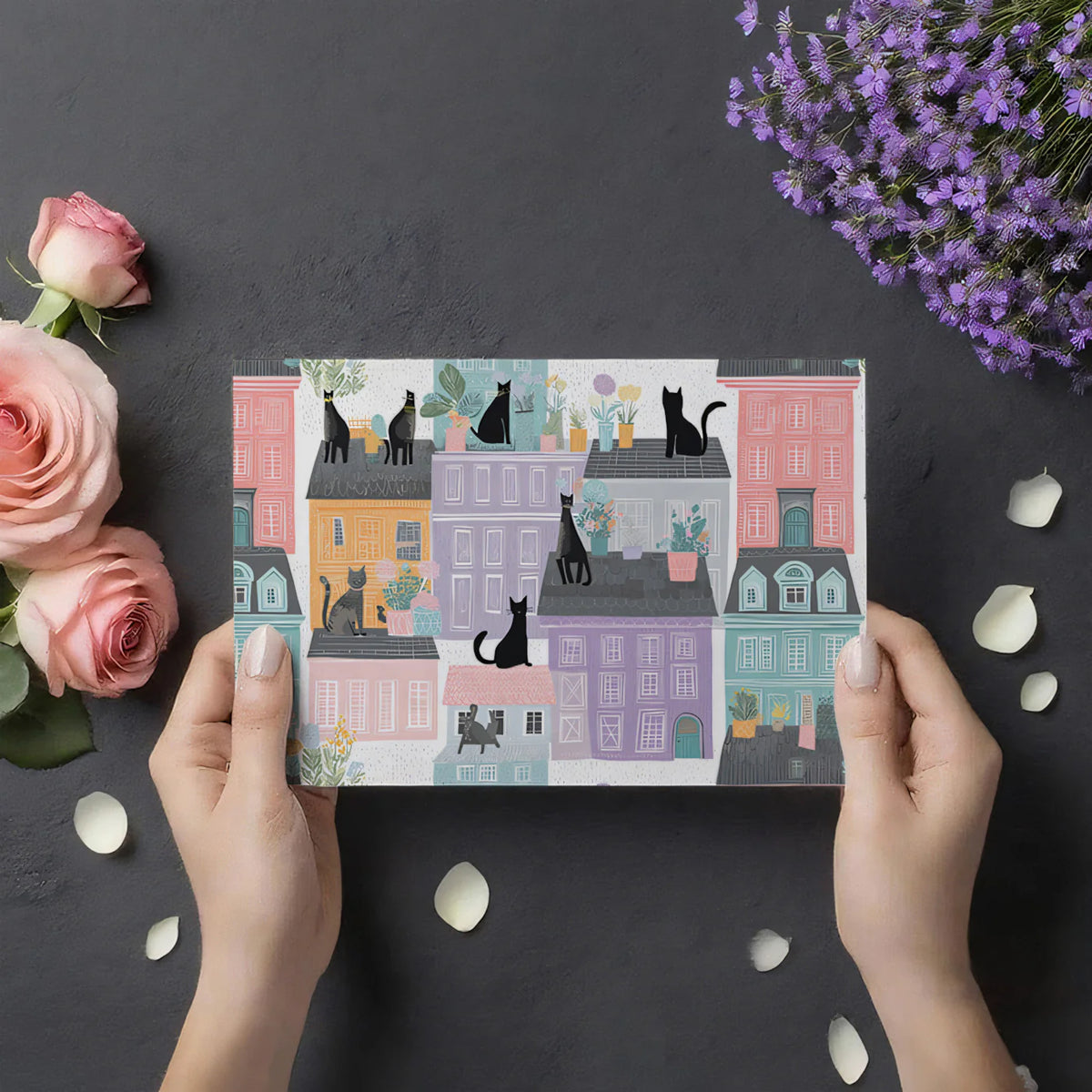 Parisian Cats Mural Wallpaper — Whimsical Townhouse Pattern Mural Wallpaper - room preview 03