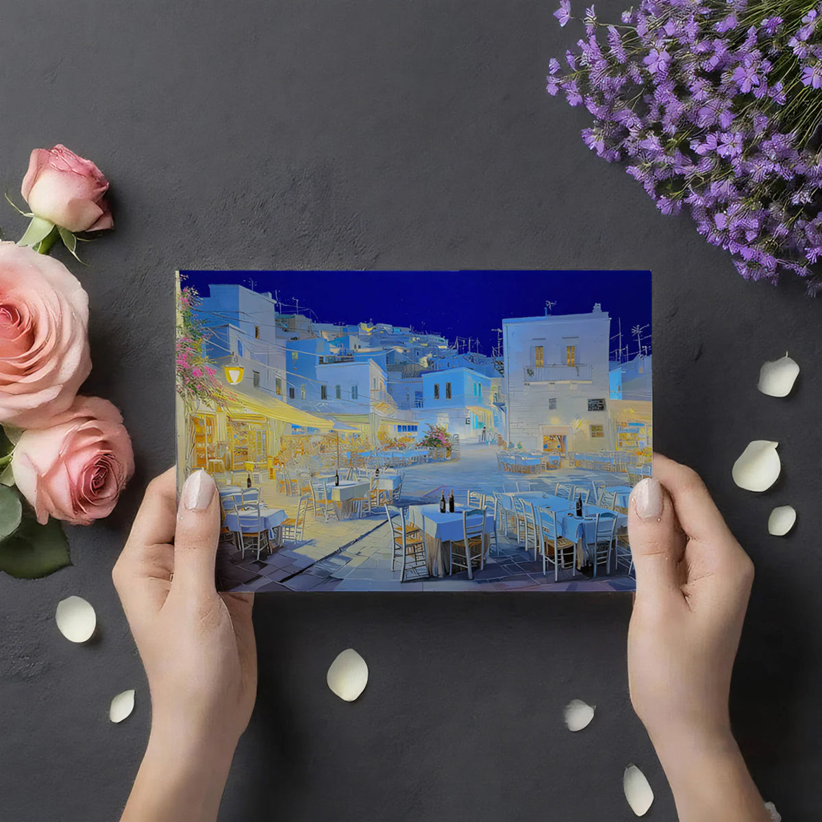 Aegean Night Village Mural Wallpaper — Impressionistic Island Scene Mural Wallpaper - room preview 03