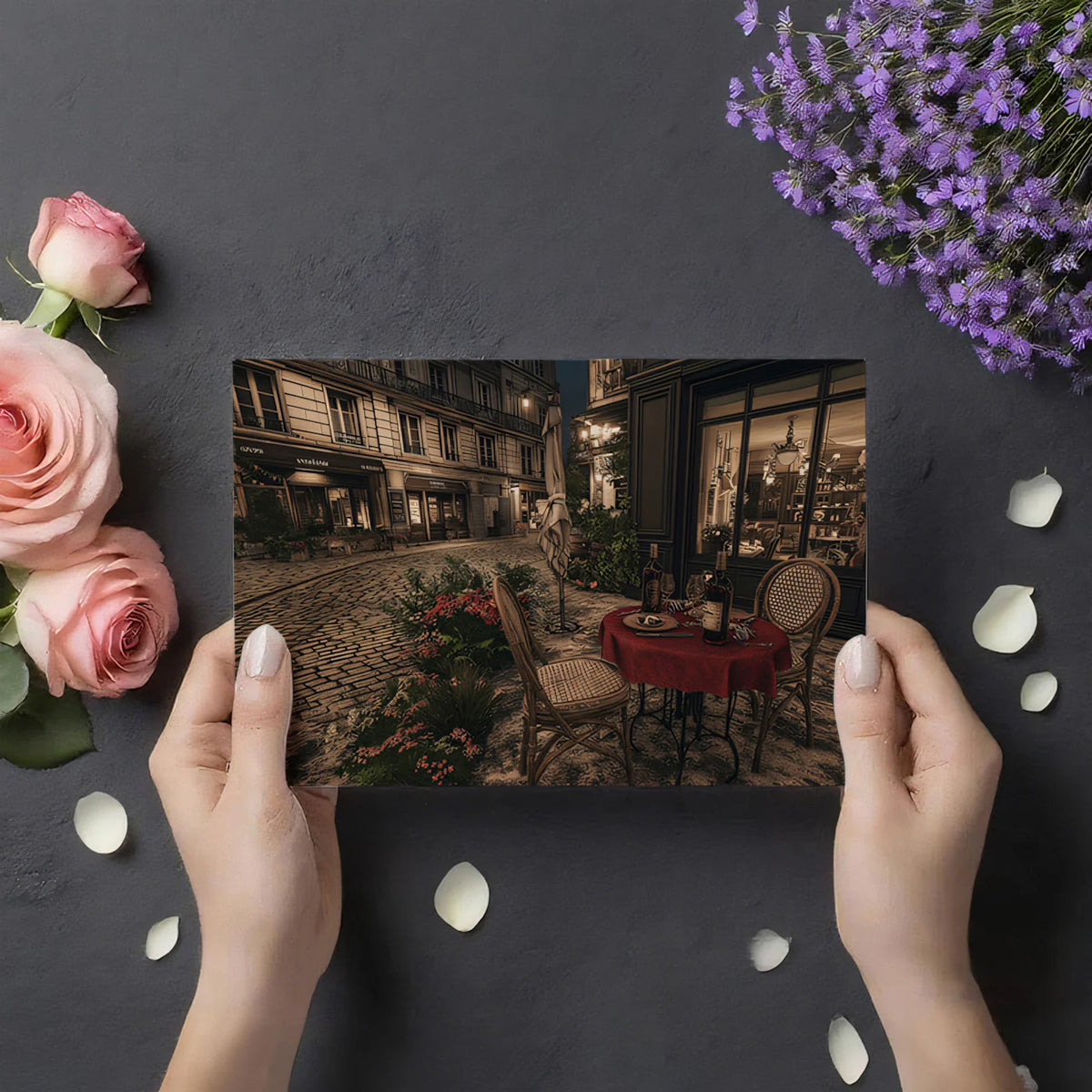 Parisian Bistro Street Mural Wallpaper — Vintage Night Scene Mural Wallpaper - room preview 03