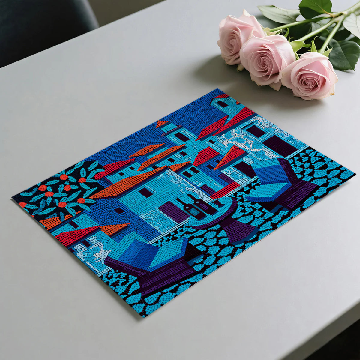 Mediterranean Town Pointillism Mural Wallpaper in Vibrant Blues Mural Wallpaper - room preview 03