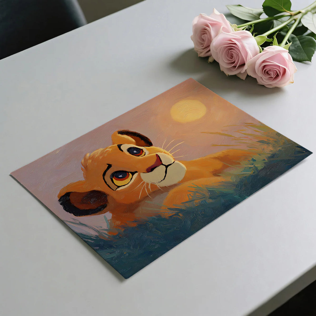 Lion Cub Sunrise Mural Wallpaper — Impressionistic Oil Painting Style Mural Wallpaper - room preview 03