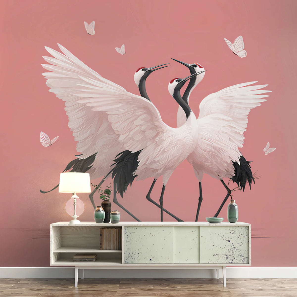 Dancing Cranes Mural Wallpaper — Minimalist Avian Wall Art Mural Wallpaper - room preview 03