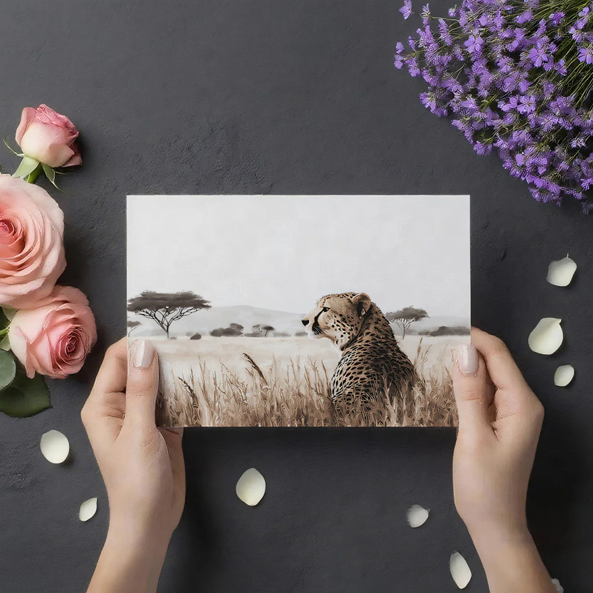 African Cheetah Savanna Mural Wallpaper — Desert Wildlife Illustration Mural Wallpaper - room preview 03