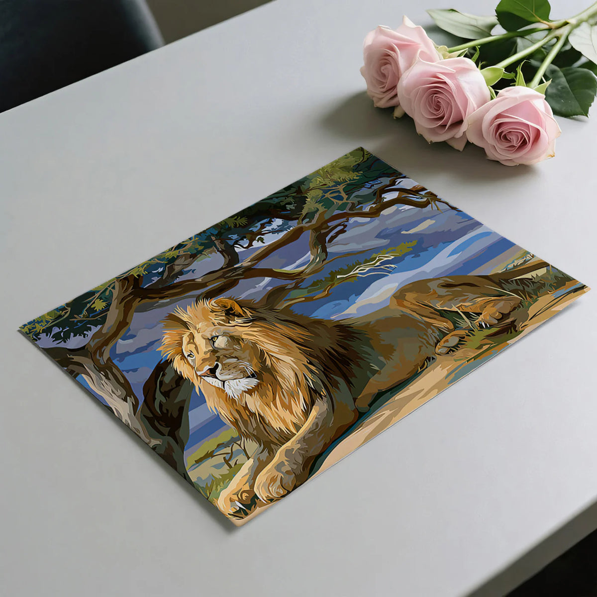 Lion Under Acacia Tree Mural Wallpaper — Safari Wildlife Illustration Mural Wallpaper - room preview 03