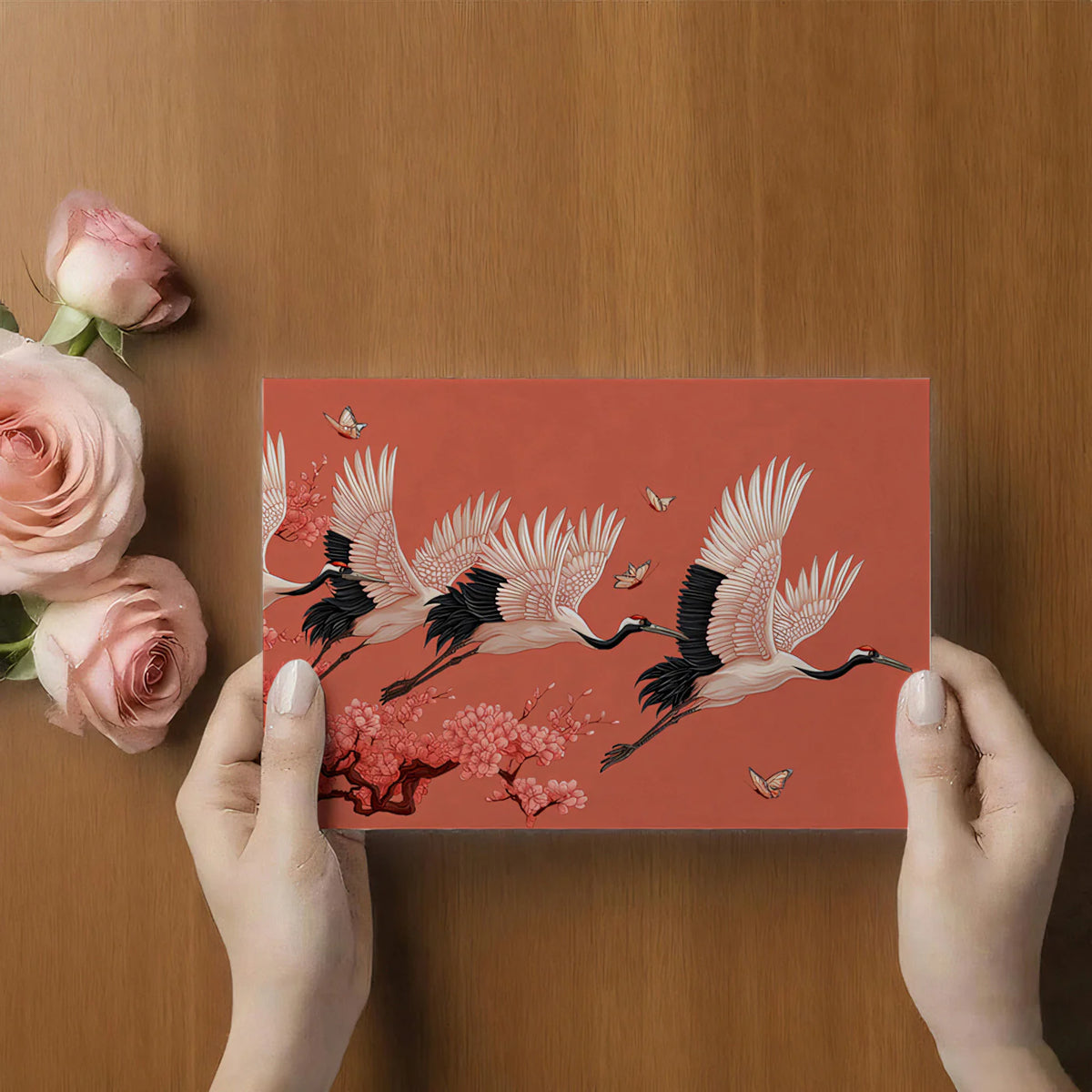 Flying Cranes and Cherry Blossoms Mural Wallpaper — Vibrant Asian Art Mural Wallpaper - room preview 03