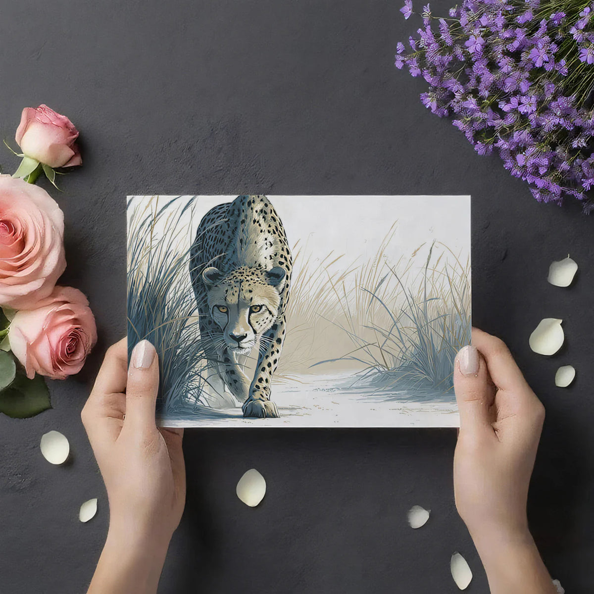 Stalking Cheetah Mural Wallpaper —Monochromatic Wildlife Design Mural Wallpaper - room preview 03