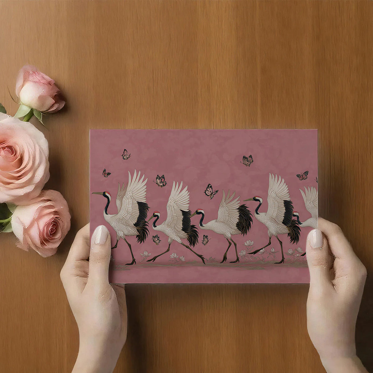 Dancing Cranes and Lotus Mural Wallpaper in Mauve Pink Mural Wallpaper - room preview 03