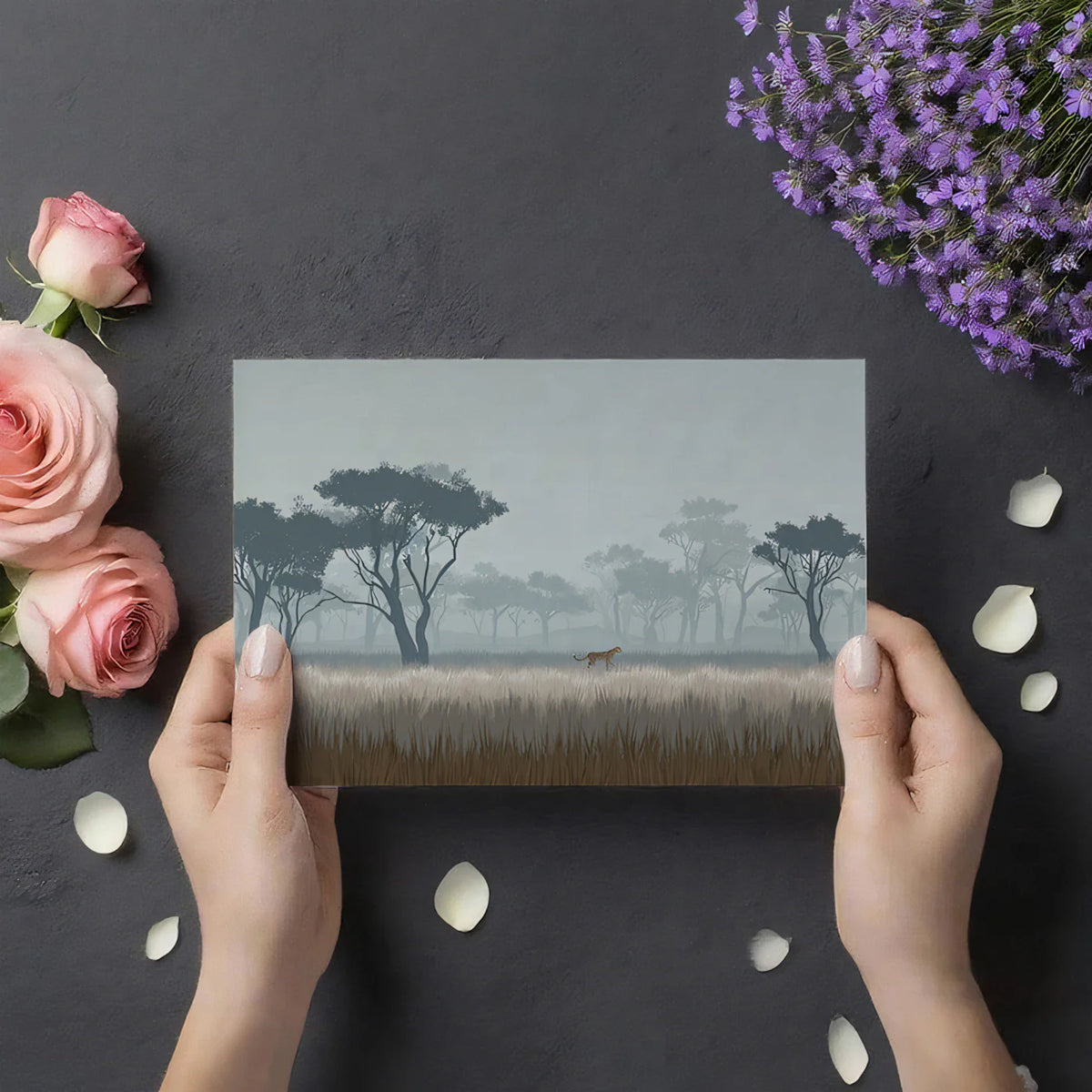 Misty Savanna Cheetah Mural Wallpaper — Atmospheric Landscape Mural Wallpaper - room preview 03