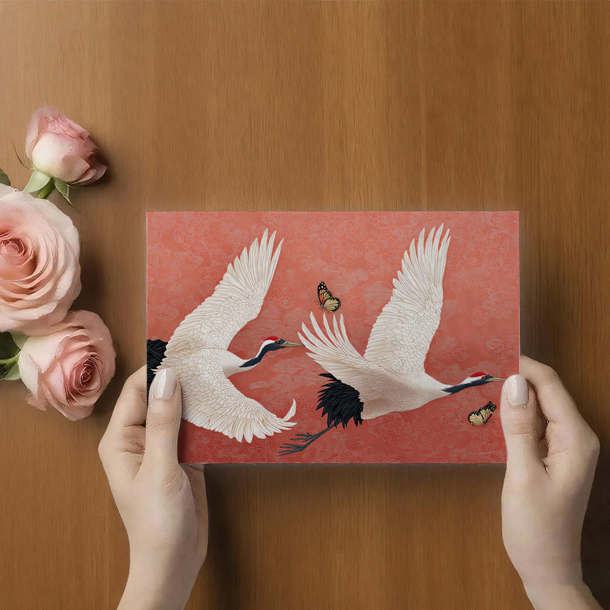 Soaring Cranes Coral Mural Wallpaper — Asian Inspired Art Mural Wallpaper - room preview 03
