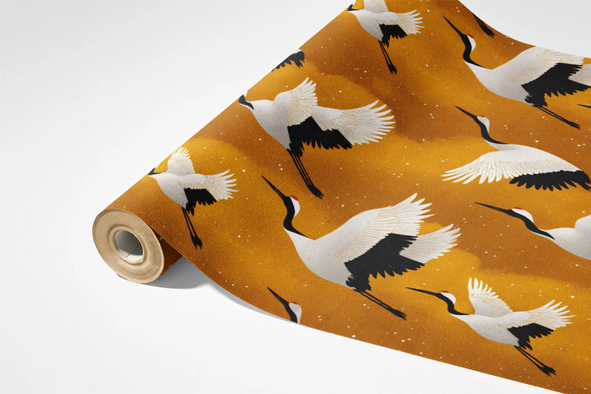 Golden Crane Flight Mural Wallpaper — Artistic East Asian Motif Mural Wallpaper - room preview 03