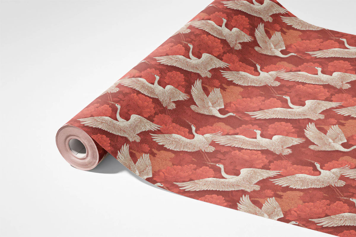 Flying Crane Chinoiserie Mural Wallpaper —Muted Coral Pink Mural Wallpaper - room preview 03