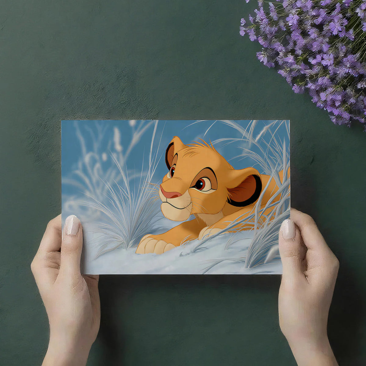 Lion Cub in Snowy Grass Mural Wallpaper — Cinematic Animation Style Mural Wallpaper - room preview 03