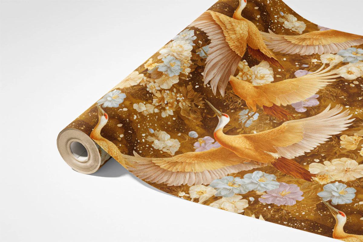Golden Crane Botanical Mural Wallpaper — Warm Traditional Art Mural Wallpaper - room preview 03