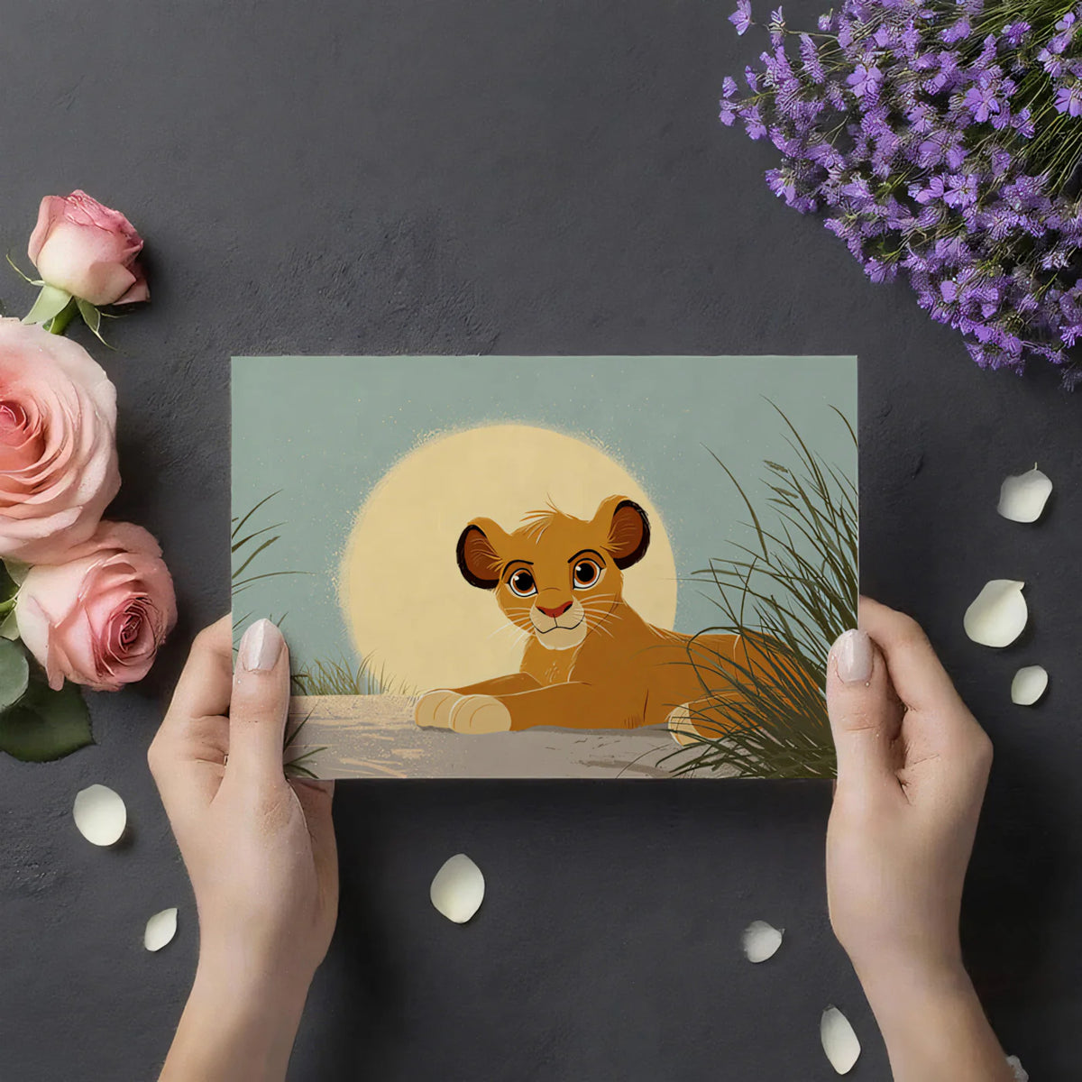 Lion Cub Sunrise Mural Wallpaper — Soft Savanna Illustration Mural Wallpaper - room preview 03