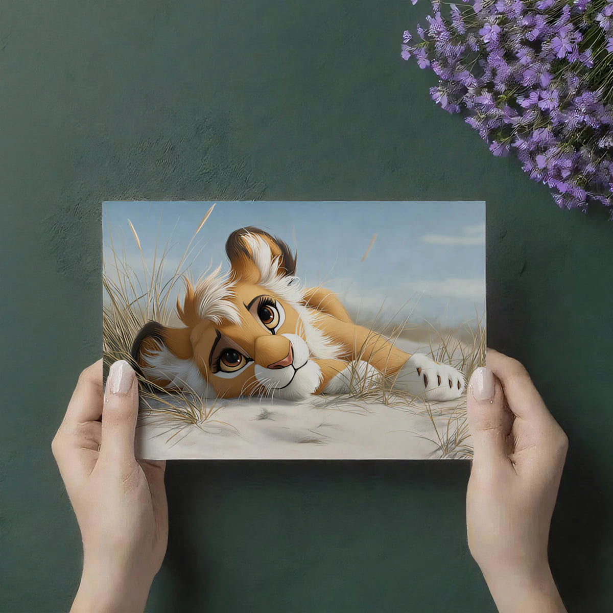 Lion Cub in Beach Dunes Mural Wallpaper — Soft Realistic Illustration Mural Wallpaper - room preview 03