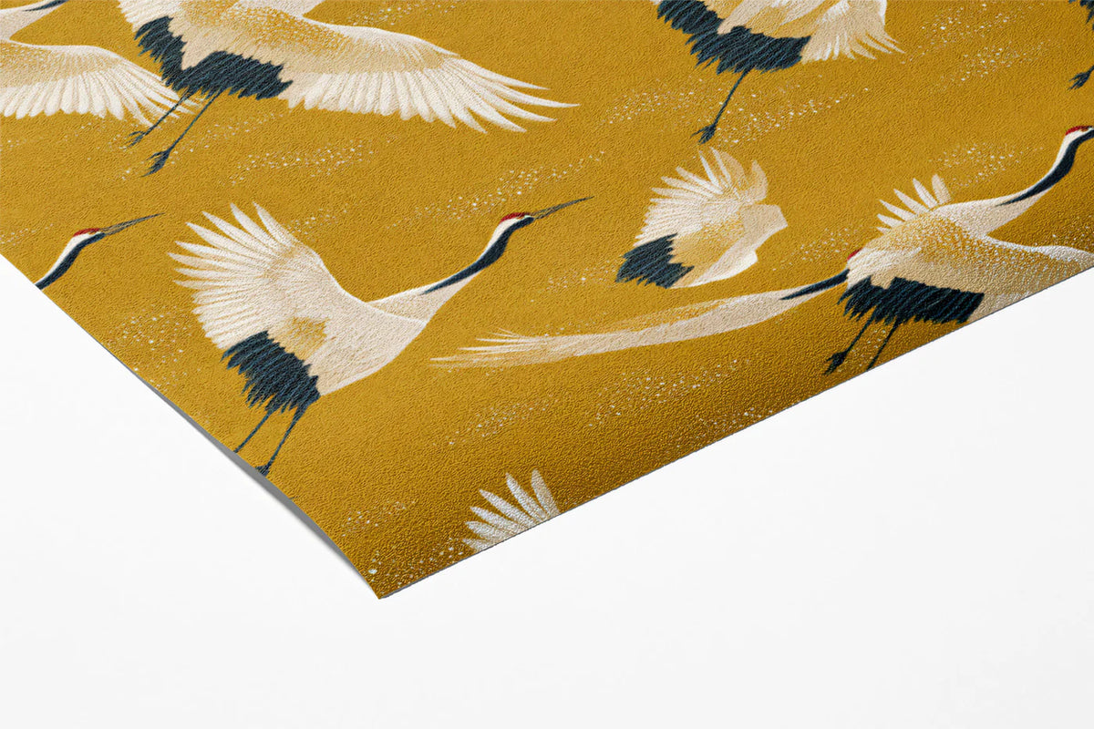 Flying Cranes Mural Wallpaper — Ochre Yellow Chinoiserie Pattern Mural Wallpaper - room preview 03
