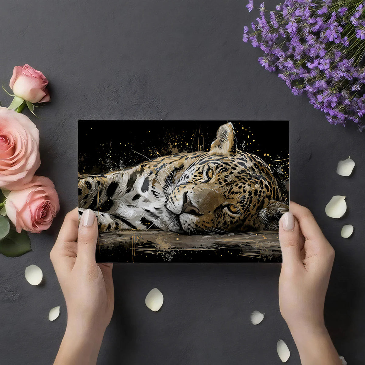 Resting Jaguar Mural Wallpaper — Moody Gold and Charcoal Wildlife Mural Wallpaper - room preview 03