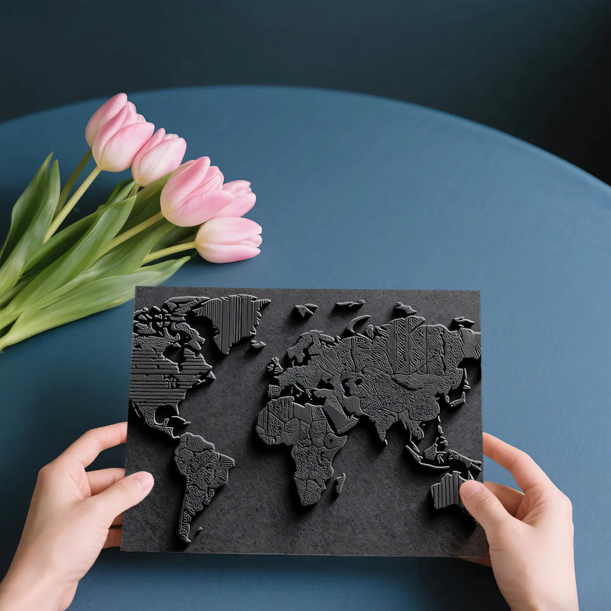 Textured Relief World Map Mural Wallpaper — Industrial Monochrome Mural Wallpaper - room preview 03