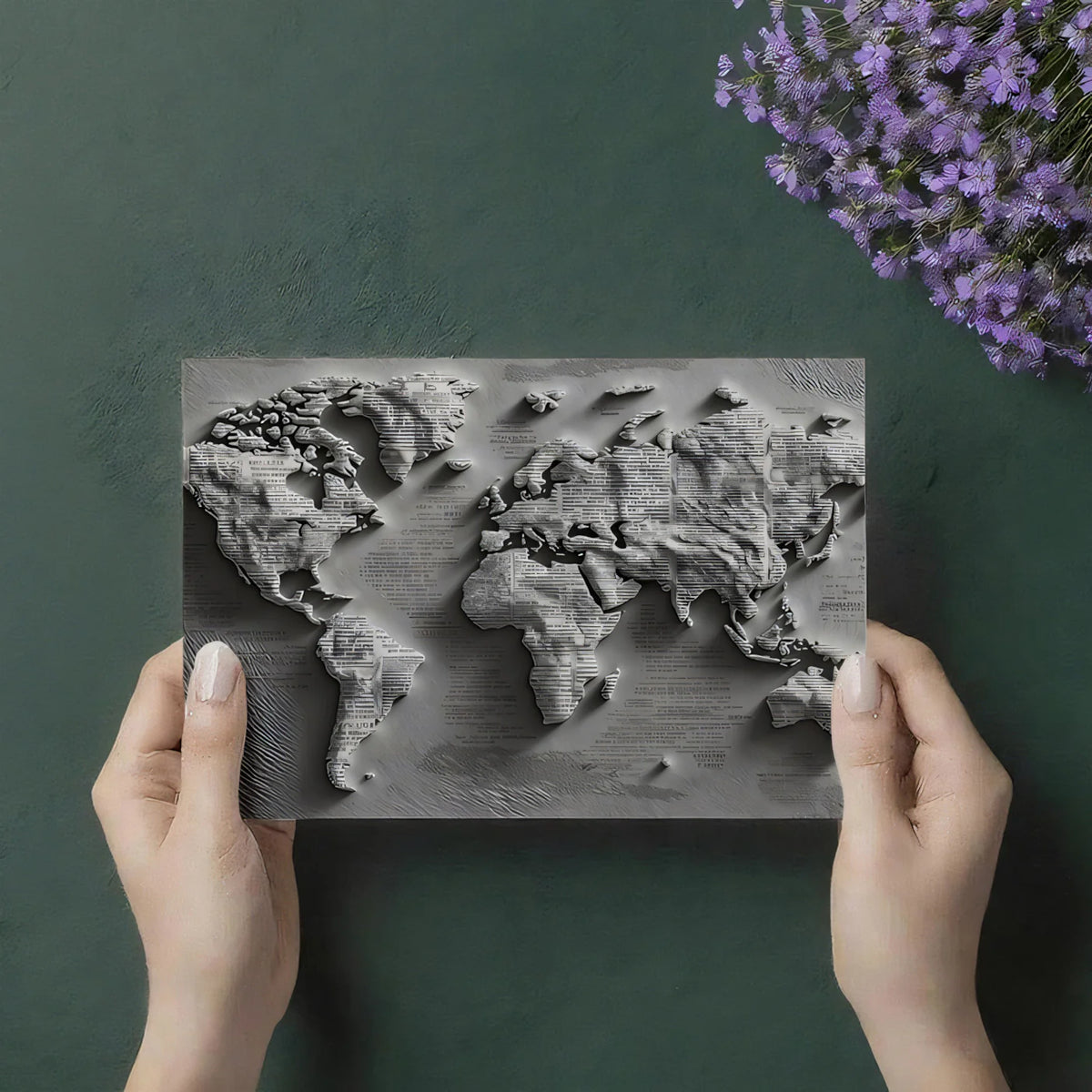 Textured Newsprint World Map Mural Wallpaper — Monochrome Relief Art Mural Wallpaper - room preview 03